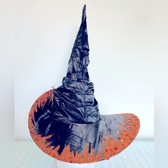 Witch hat, black satin Green sparkles, extra large, green butterfly & spiders OS - Picture 12 of 15